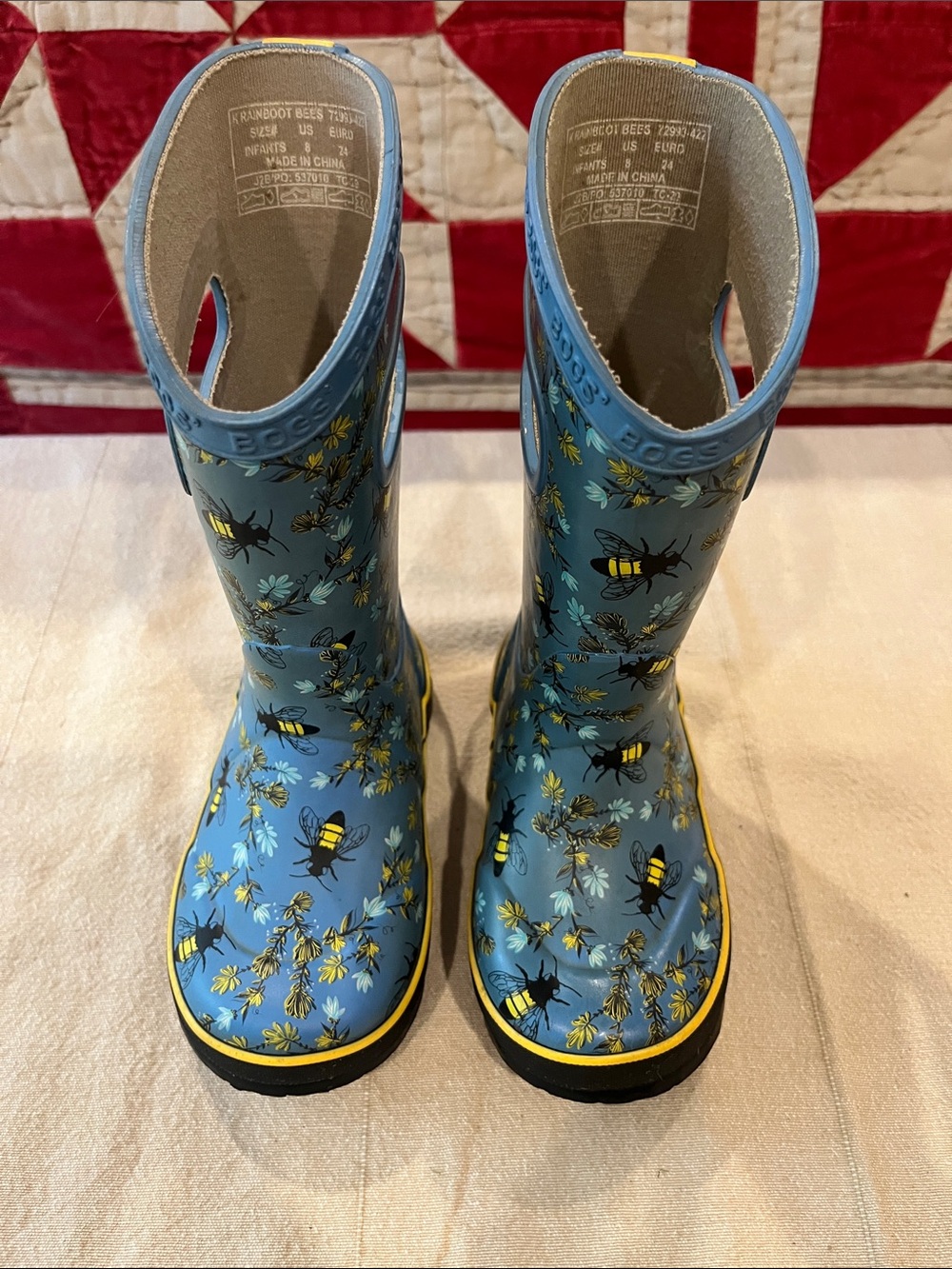 Bogs Blue Kids Rain Boots with Bee & Floral Print